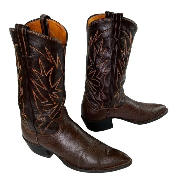 Tony Lama Cowboy Boots Brown Leather Mens 10.5 A Narrrow Width Vintage Western